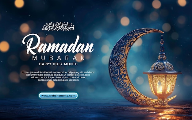 PSD modèle de ramadan mubarak avec lune bleue croissante avec lampe ou lanterne de ramadan réaliste