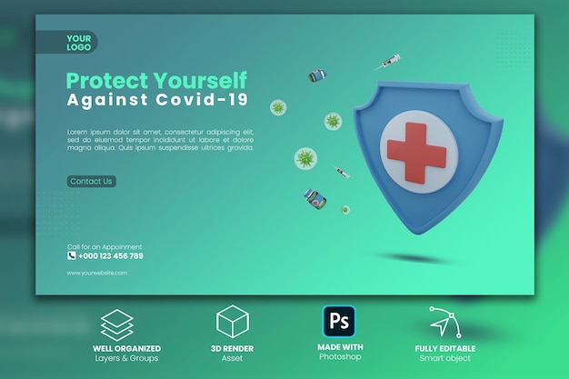 Modèle de rendu 3D de bannière de promotion de la santé et de la médecine 2