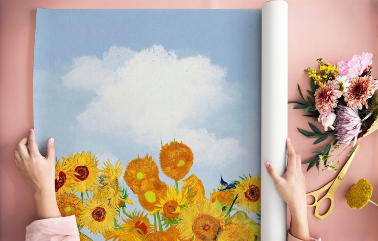 PSD modèle de rouleau de papier de la peinture de tournesol de van gogh