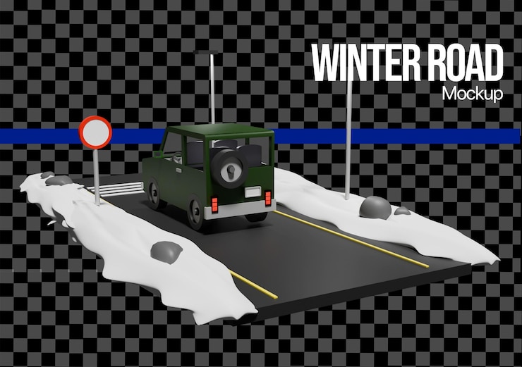PSD modèle de route d'hiver avec véhicule hors route et neige