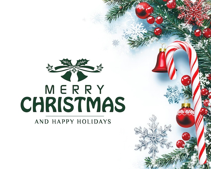 PSD modèle de salut de noël avec décoration de noël festive avec canne à bonbons et poinsettia