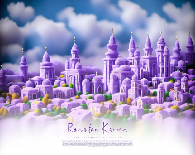 Modèle de salutations de Ramadan Kareem avec un fond de mosquée ciel bleu ai génératif