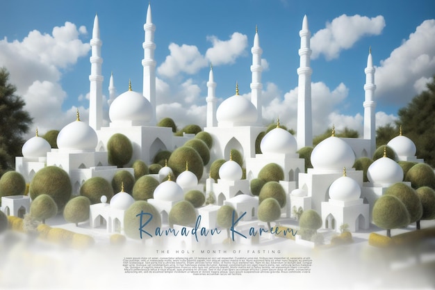 Modèle de salutations de Ramadan Kareem avec un fond de mosquée ciel bleu ai génératif