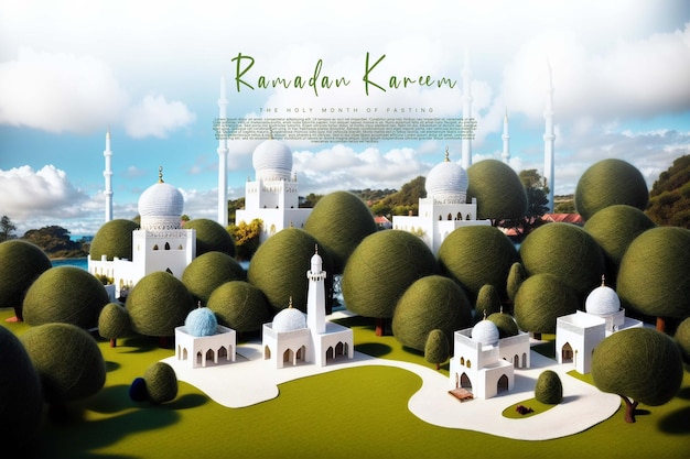 PSD modèle de salutations de ramadan kareem avec un fond de mosquée ciel bleu ai génératif