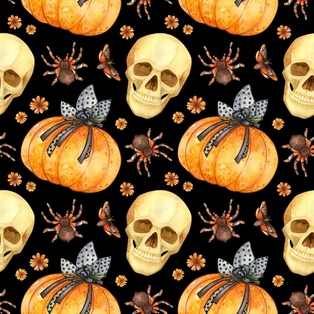 PSD modèle sans couture aquarelle halloween avec crânes et citrouilles fond effrayant psd