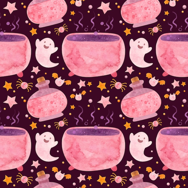 Modèle sans couture de bébé Halloween avec chaudron de fantômes roses et potions de sorcière Fond mignon PSD