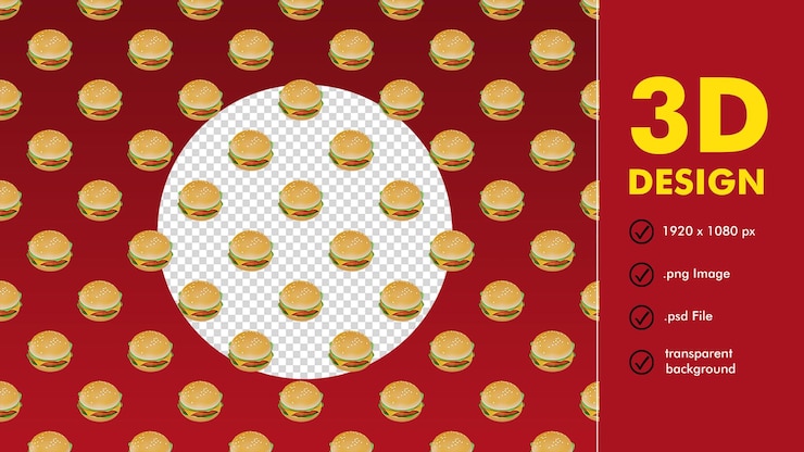 PSD modèle sans couture de rendu 3d de burger avec vue isométrique sur fond transparent