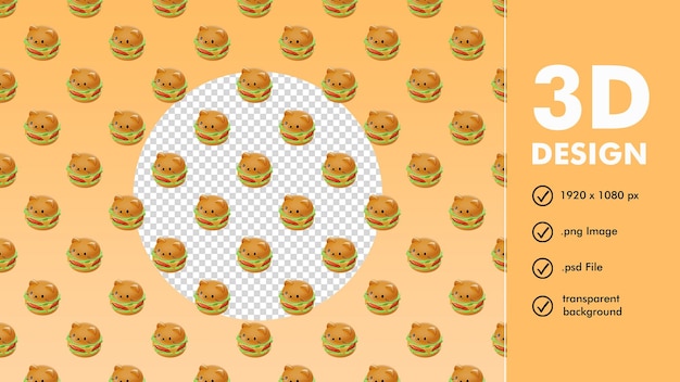 Modèle sans couture rendu 3D de hamburger de chat mignon avec vue isométrique fond transparent