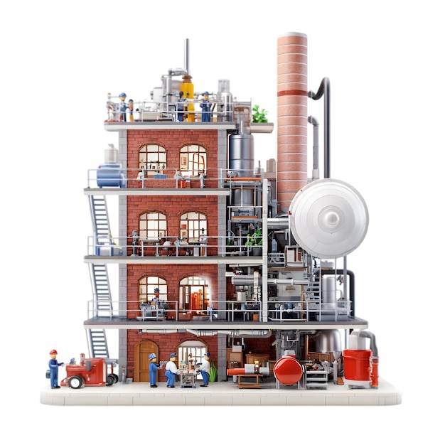 Modèle d'usine industrielle détaillé avec structure en briques, cheminée et machines idéales pour l'industrie