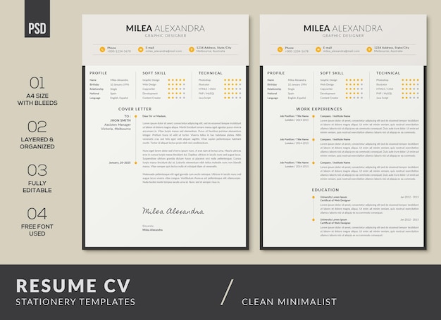 PSD modèles de jeu de cv de cv minimalistes propres