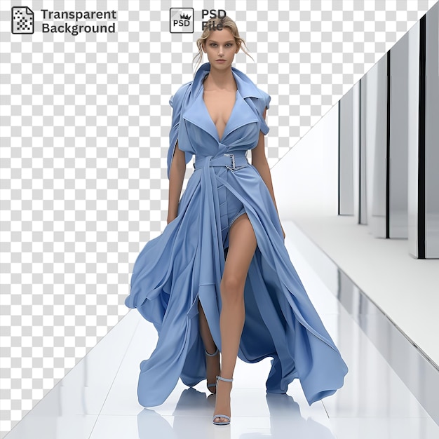 Modèles De Mode Photographiques Réalistes Look De Piste Mettant En Vedette Une Robe Bleue Et Une Ceinture Noire Avec Un Aperçu D'une Jambe Au Premier Plan