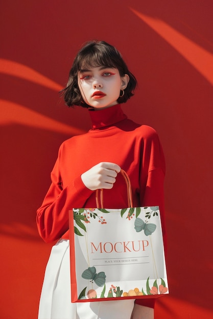 Modell, das eine Blumenpapiertüte hält