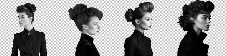 PSD modella di moda con i capelli vintage isolata su uno sfondo trasparente