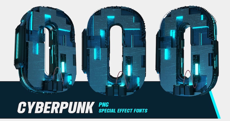 PSD modellazione 3d serie in stile cyberpunk lettera digitale multivista o