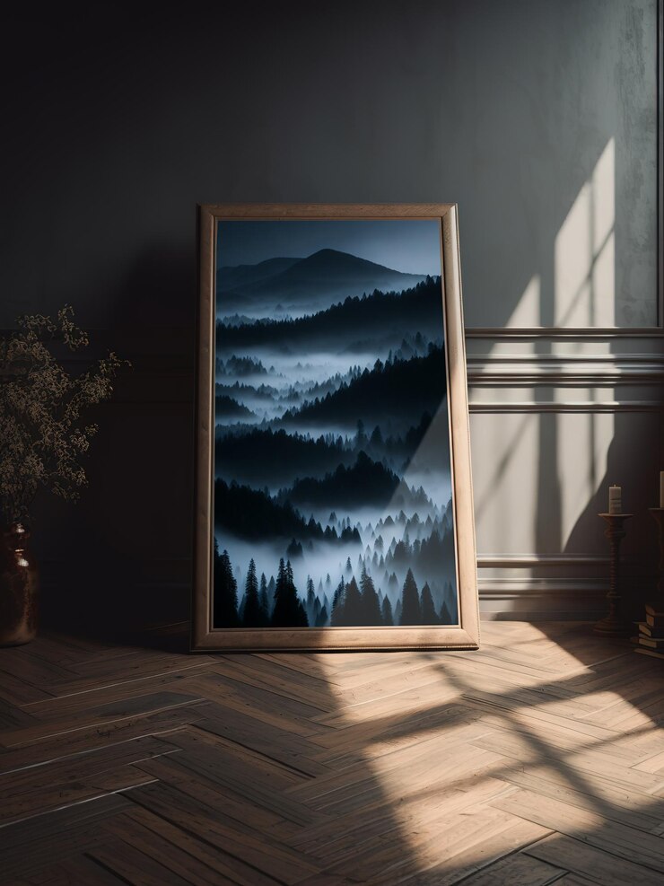 Modellbild in einem Holzrahmen auf dem Boden, Rauminnenraum, Sonnenstrahlen, Generative al