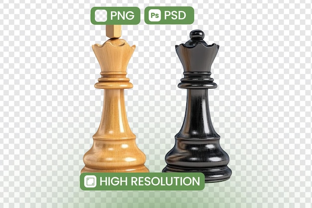 Modelli 3D ad alta risoluzione di Chess Queens Legno chiaro e scuro posizionati strategicamente per il gioco Illustrando la dinamica del potere e la competizione Perfetti per progetti di gioco e arte digitale