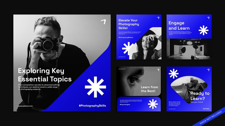 PSD modelli di webinar per social media di fotografia blu