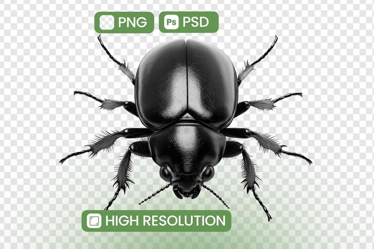 PSD modello 3d ad alta risoluzione di coleottero nero lucido con sfondo trasparente