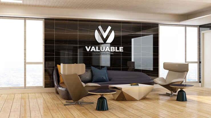 Modello 3d del logo aziendale nella sala d'attesa dell'ingresso dell'ufficio