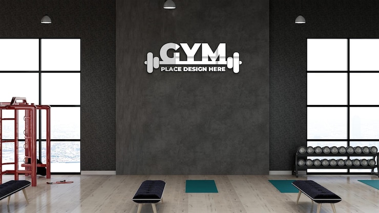 Modello 3d del logo della palestra nella sala fitness per l'allenamento dell'atleta con muro di pietra nera