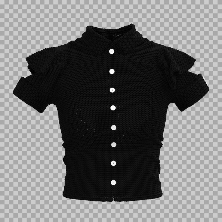 PSD modello 3d di maglietta buttonup tagliata nera con sfondo trasparente
