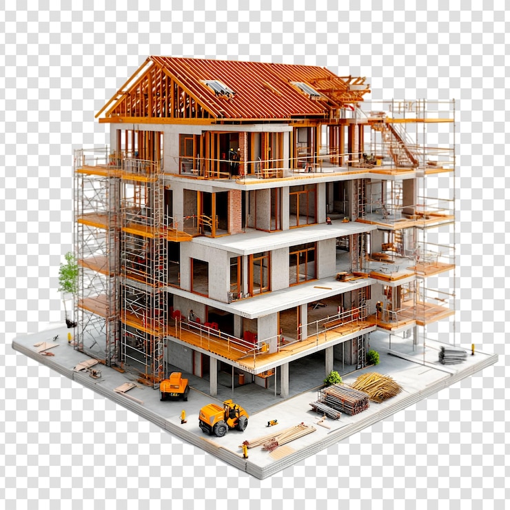 PSD modello 3d di un cantiere residenziale a più piani su uno sfondo trasparente