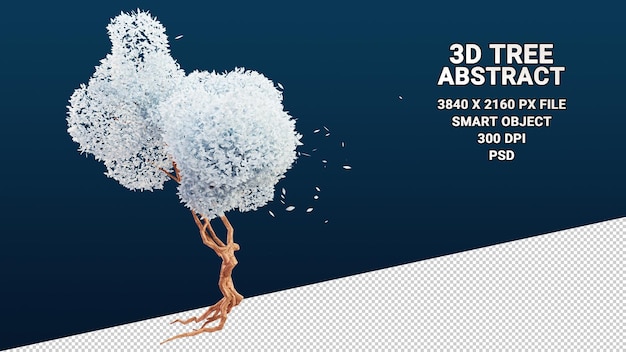 Modello 3d isolato di albero con foglie bianche astratte su sfondo trasparente