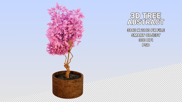 Modello 3d isolato di un albero in vaso con foglie rosa astratte su uno sfondo trasparente