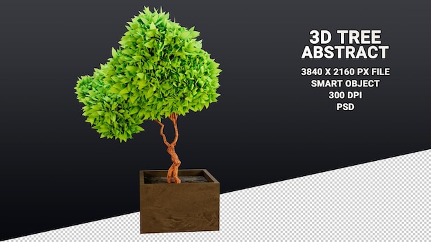 Modello 3d isolato di un albero in vaso con foglie verdi astratte su uno sfondo trasparente
