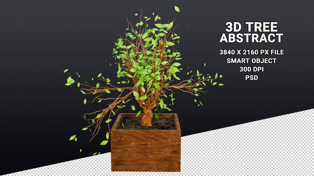 Modello 3d isolato di un cespuglio in una pentola con foglie verdi astratte su uno sfondo trasparente
