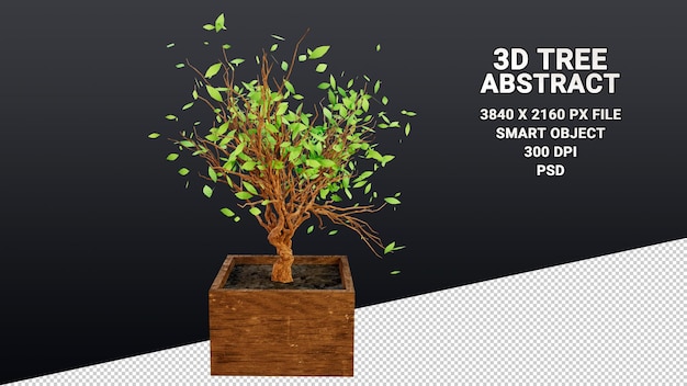 Modello 3d isolato di un cespuglio in una pentola con foglie verdi astratte su uno sfondo trasparente