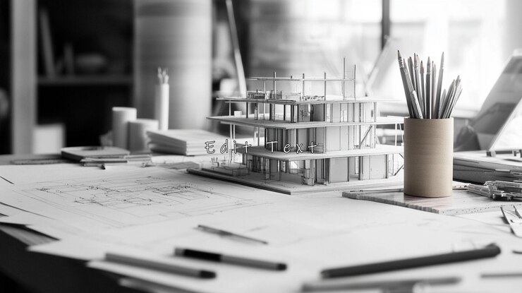 PSD modello architettonico e progetti sulla scrivania