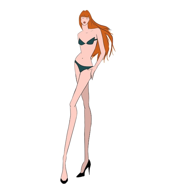 Modello con i capelli rossi in costume da bagno verde scuro illustrazione di moda