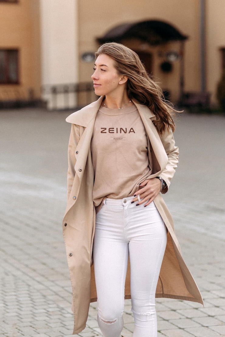 PSD modello del logo su una maglietta da donna di colore beige