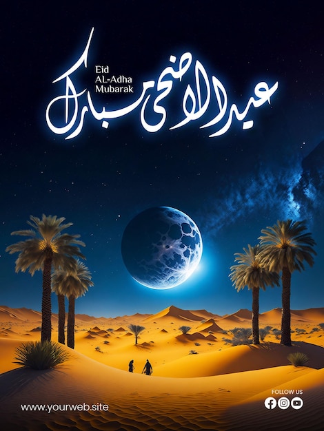 Modello del manifesto di saluto di Eid alAdha con priorità bassa del deserto