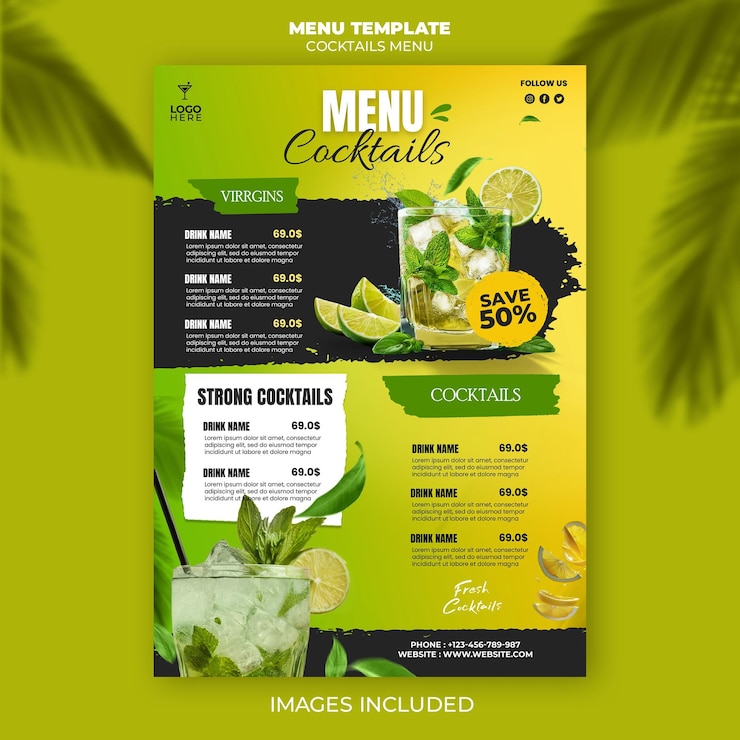 PSD modello del menu dei cocktail