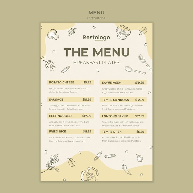 Modello del menu per il ristorante