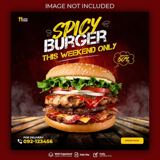Modello delizioso dell'insegna di media sociali del menu dell'alimento e dell'hamburger
