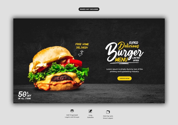 Modello delizioso dell'insegna di web del menu dell'alimento e dell'hamburger