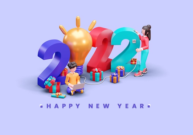 Modello dell'insegna del buon anno 2022 con il concetto di design creativo dell'illustrazione 3d