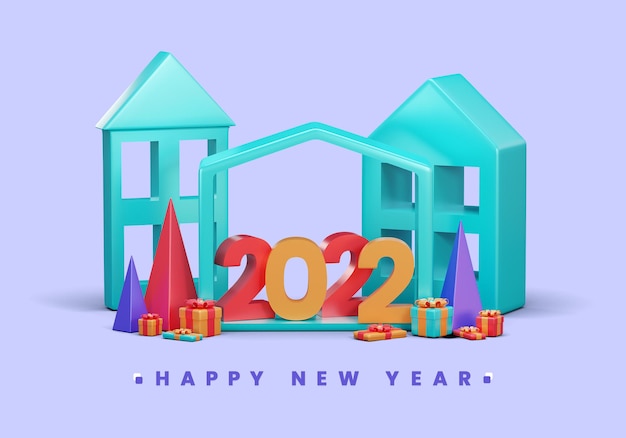 Modello dell'insegna del buon anno 2022 con il concetto di design creativo dell'illustrazione 3d