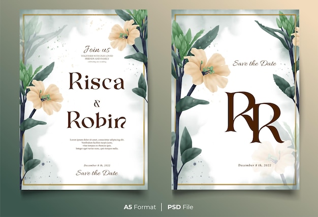 Modello dell'invito di nozze dell'acquerello con ornamento di fiori di pesca e verde