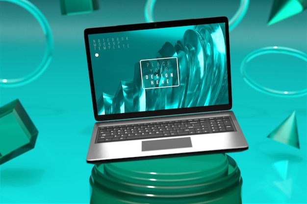 Modello dello schermo del computer portatile sopra il piedistallo a cilindro verde triplo con display di presentazione del prodotto di sfondo verde tramite rendering 3d