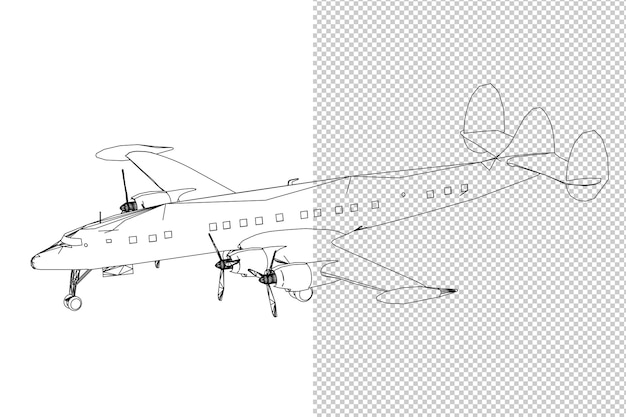 Modello di aeroplano 3d grafico da cinque direzioni con schizzo bianco nero. schizzo lineare.