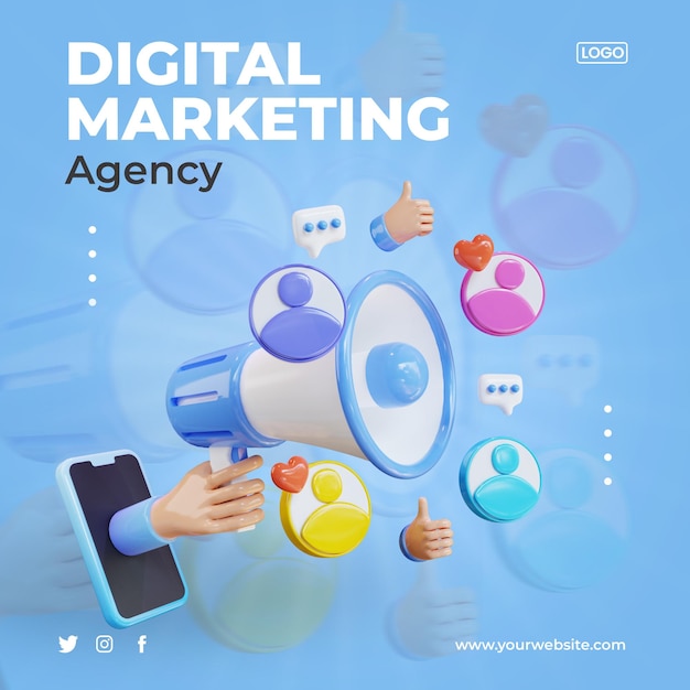 modello di agenzia di marketing digitale con mano di rendering 3d che trasporta megafono fuori dallo smartphone