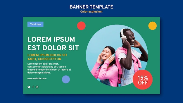 Modello di banner con uomo e donna che ascolta la musica in cuffia