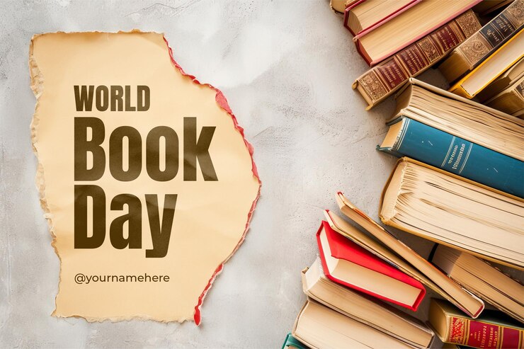 PSD modello di banner della giornata mondiale del libro con scorte di libri su sfondo minimalista