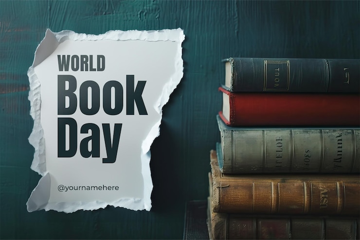 PSD modello di banner della giornata mondiale del libro con scorte di libri su sfondo minimalista