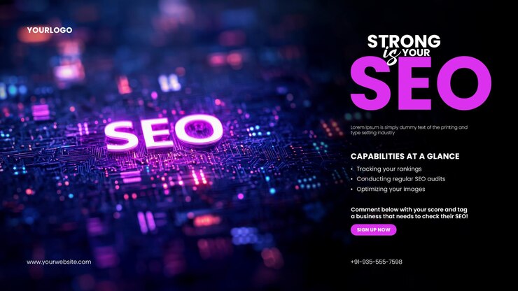 PSD modello di banner di classificazione seo con sfondo digitale con la parola seo in lettere al neon luminose che enfatizzano la tecnologia e l'innovazione