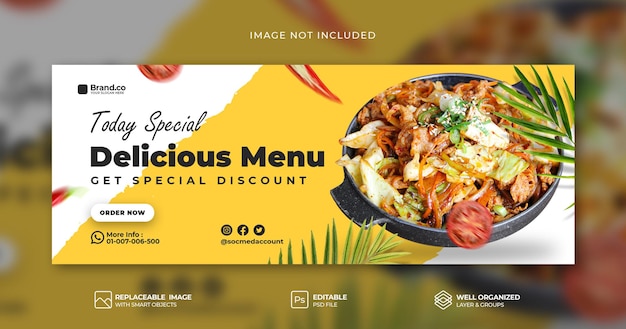 Modello di banner di copertina di Facebook sui social media per la promozione del menu di cibo speciale Psd Premium